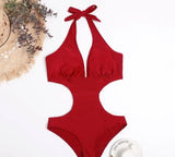 Simple Solid Color Hollow One-piece Bikini Swimsuit-Red-2