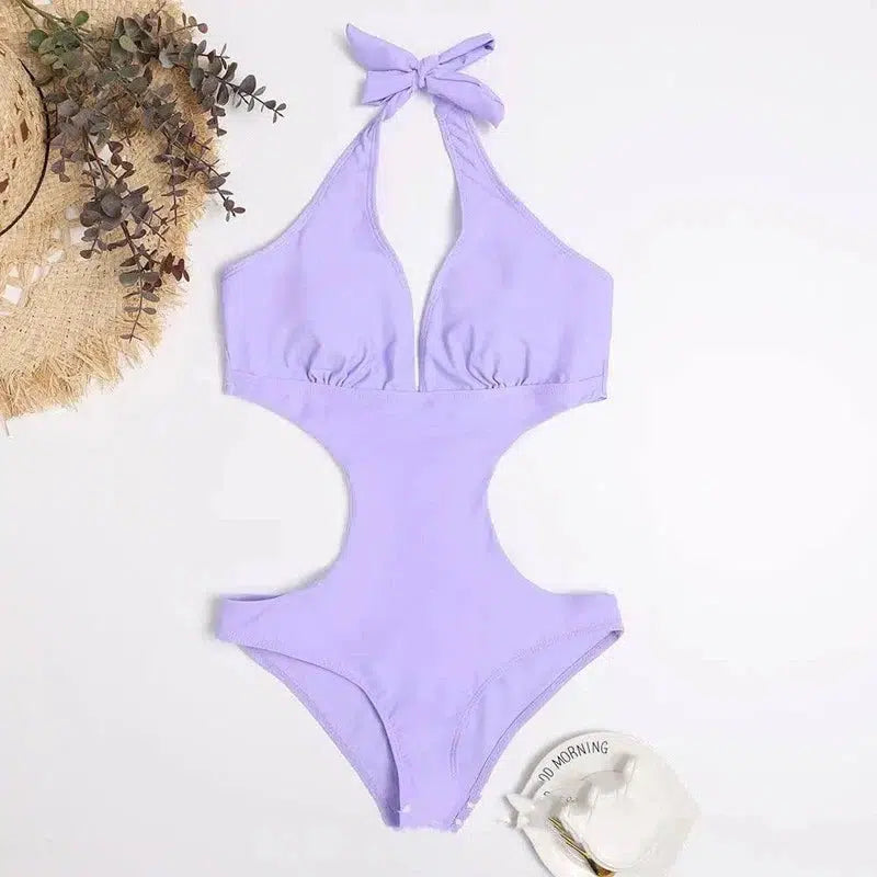 Simple Solid Color Hollow One-piece Bikini Swimsuit-Purple-3