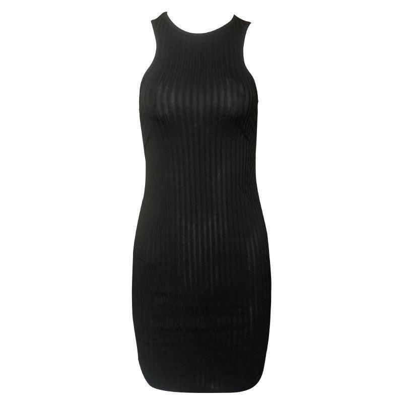 Sleeveless Round Neck Pleated Stretch Slim-fit Sheath Dress-3