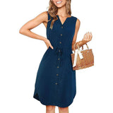 Sleeveless V-neck Buttoned Dress With Pockets Fashion Casual Waist Tie Design Summer Dress Womens Clothing-Dark Blue-4