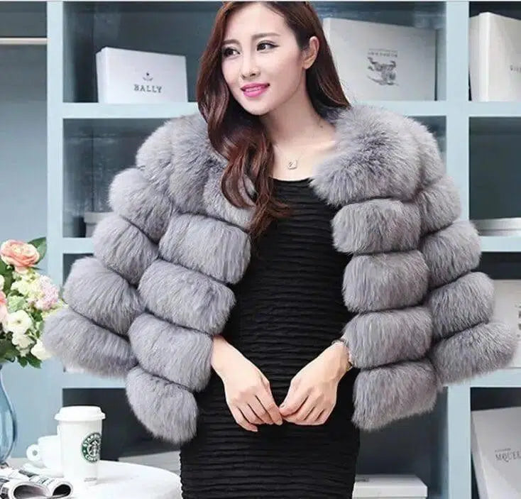 Slim short faux fox fur coat-LightGrey-12