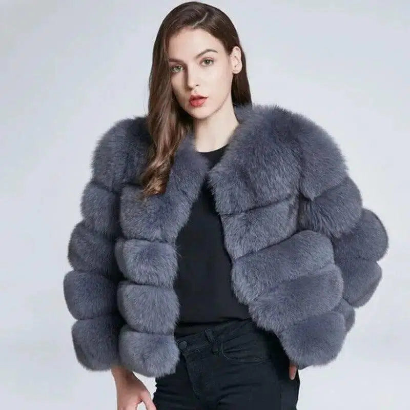 Slim short faux fox fur coat-Bluegrey-4