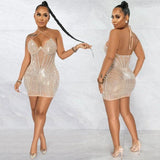 Sling Wrapped Chest Rhinestone Perspective Skirt Dress-5