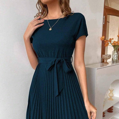 Solid Color Belt Pleated Batwing Sleeve Women Long Dress-5