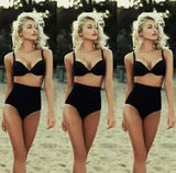 Solid color bikini swimsuit black retro high waist-2