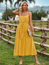 Solid Color Suspender Long Dress Spring And Summer Bow Waist-Yellow-6