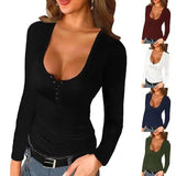 Solid Color U-Neck Threaded Long-Sleeved Blouse-1