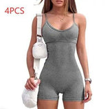 Spaghetti Strap Shorts Jumpsuit Sports Yoga Workout Tight-Grey-15