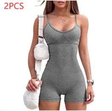 Spaghetti Strap Shorts Jumpsuit Sports Yoga Workout Tight-Grey-33