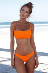 Split solid color bikini tight swimsuit backless sexy-Orange-11