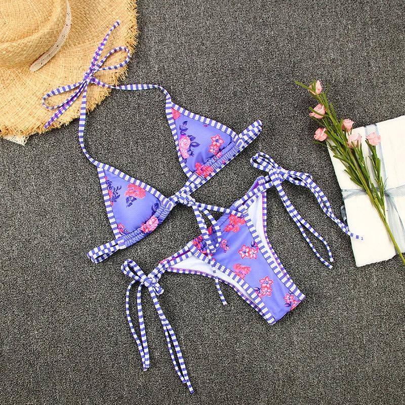 Split swimsuit women's contrasting print strap bikini-purple-7