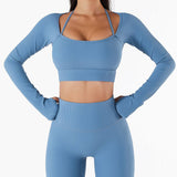 Sports Top Women's Quick-drying Workout Clothes With Chest Pad Slim Fit Skinny Long Sleeve Yoga Wear-Haze Blue-5