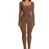 Square Neck And Buttocks Lifting Slim Fitting Jumpsuit-Brown-15