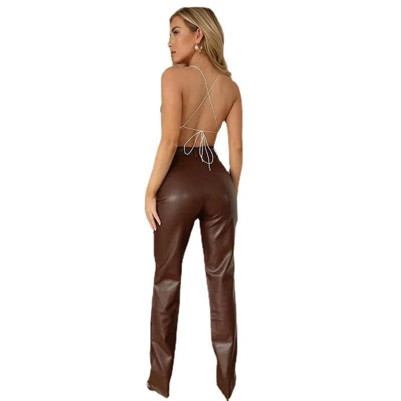 Stretch Leather Pants Women Casual PU Leather Pants Trousers-10