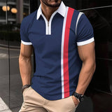 Striped Printed Men's Casual Polo Shirt-Navy Blue-4