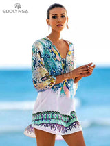 New Arrivals Beach Caftan Swimsuit Cover up Print Chiffon Pareo Women Robe Plage Swimwear Dress Sarong Beach Tunic-1