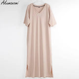 Oversized V Neck Plus Size Women Maxi Dress 4xl 5xl 6xl 7xl 8xl 9xl 10xl Summer Casual Loose Long Korean Harajuku Boho Dresses-Khaki-2