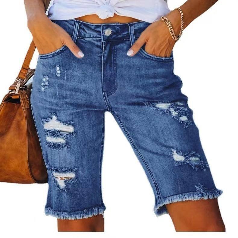 Summer Mid-waist Slim-fit Cropped Pants Ripped Tassel Jeans Dark Blue / 2XL-Dark Blue-6