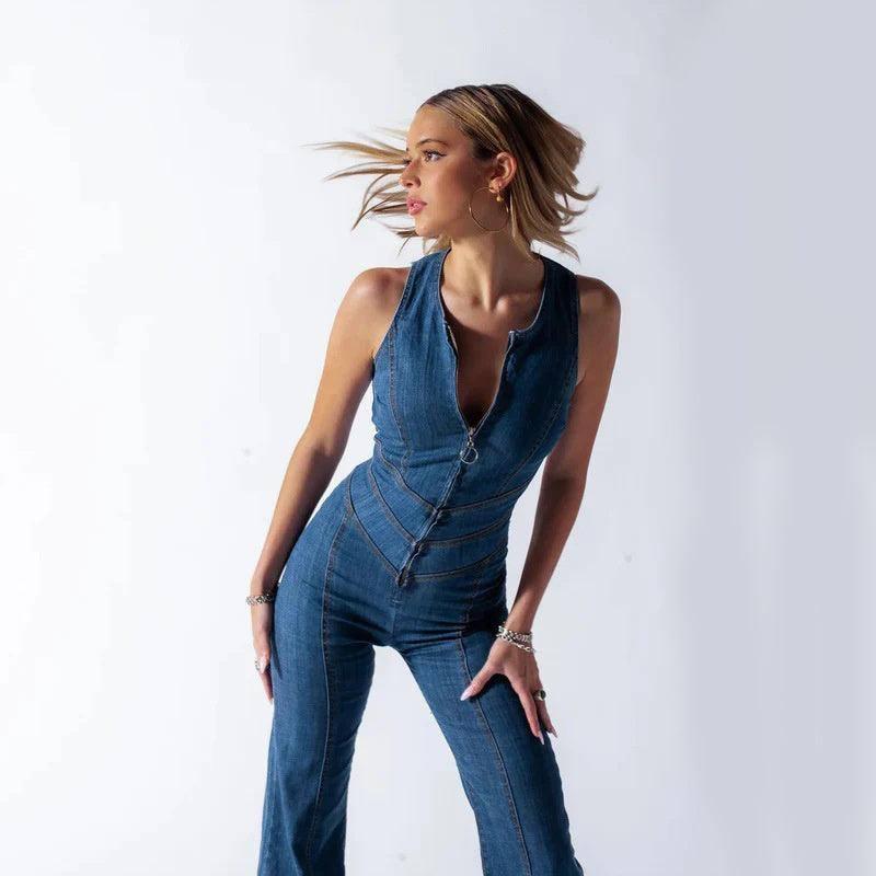 Chic Backless Denim Jumpsuit for Summer-2