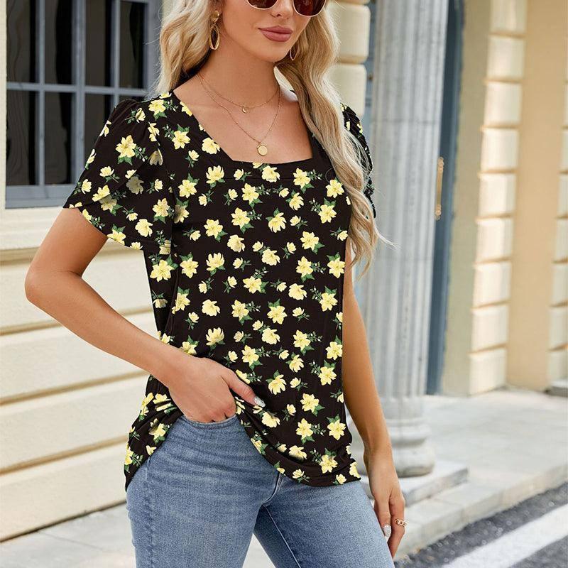 Summer Top Fashion Square Neck Printed Short-sleeved T-shirt With Petal Sleeve Design Bohemian Beach Loose T-shirt For Womens Clothing-3