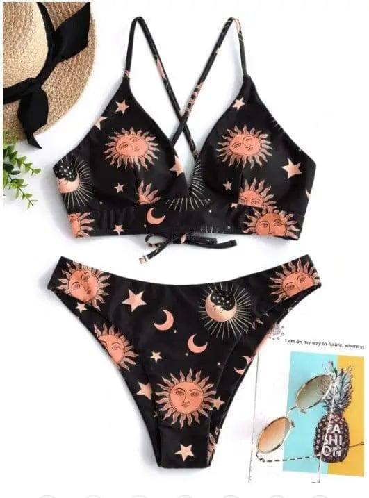 Sun Moon Star Print High Waist Split Bikini-Black-3