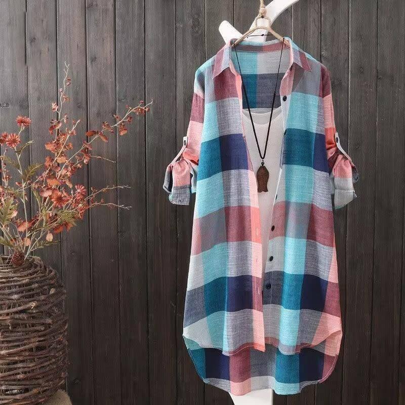 Sunscreen shirt women's medium length plaid shirt women's-6