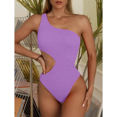 Swimsuit Womens One Piece Bikini Solid Color One Shoulder-Purple-3