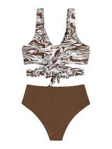 Swimwear Ladies Solid Color Split Swimsuit Bikini-Coffee-2