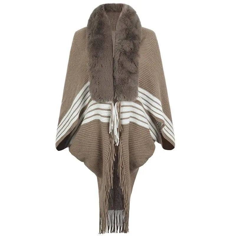 Tassel Cape And Shawl Women's Striped Fur Collar Scarf-Coffee-8