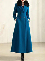 Temperament Double Breasted Solid Woolen Collar Woolen Coat-Lake blue with fur collar-2