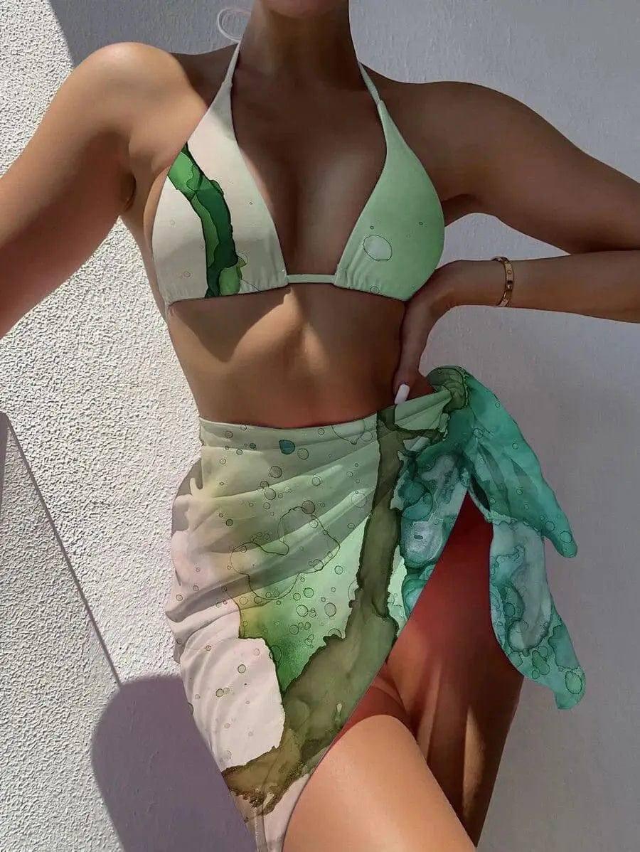 Tie Dye Mesh Swimsuit Three Piece Bikini-Greenwaterdroplets-5