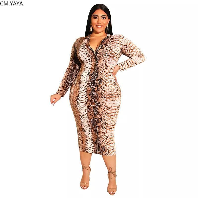 Trendy Plus-Size Zip-Front Snake Print Dress-Khaki-1