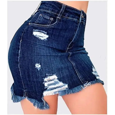 Plus Size Ripped Holes Bodycon Mini Denim Skirts 4XL 5XL Summer Ladies Tassel Short Pencil Skirts Wrap Jeans Skirt-5