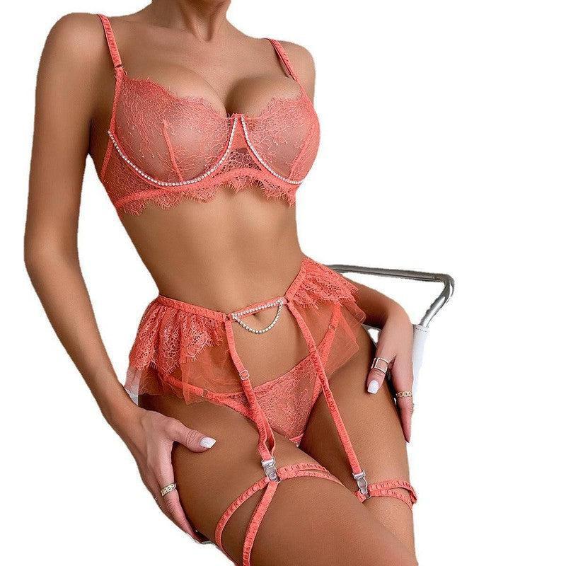 Underwear Lace See-through Push Up Rhinestone Four-piece Set-6