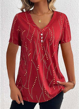 New V-neck Printed Button T-shirt Summer Fashion Leisure Short-sleeved Top Womens Clothing-Red-6