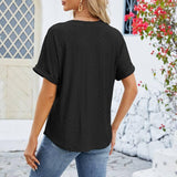 V-neck Rolled Hem Short-sleeved Top Summer Fashion Button Hollow Design Loose Casual T-shirt Womens Clothing-4