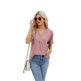 V-neck Rolled Hem Short-sleeved Top Summer Fashion Button-Pink-8