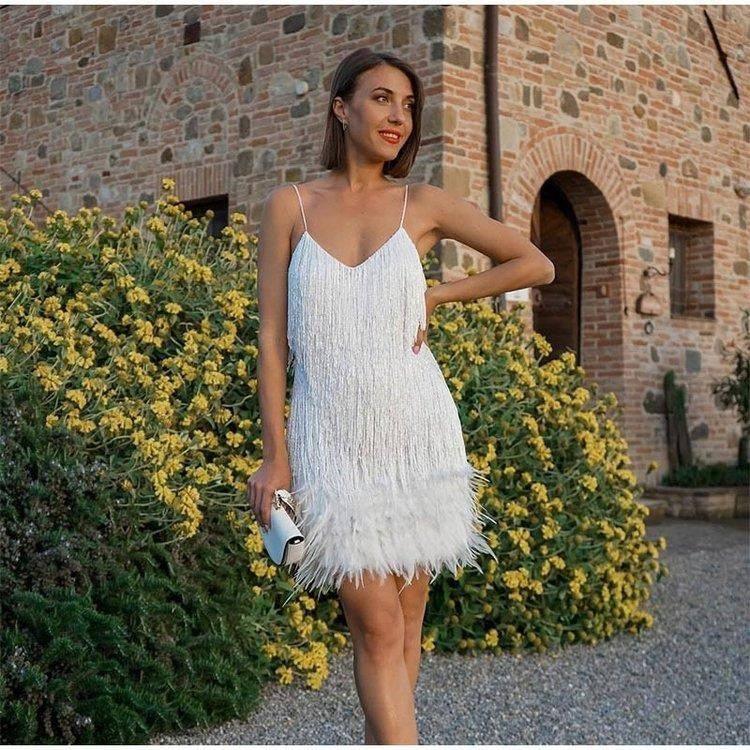 V-neck Strap Feather Stitching Dress-White-4