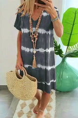 V Neck Tie Dye Print Short Sleeve Dress-1