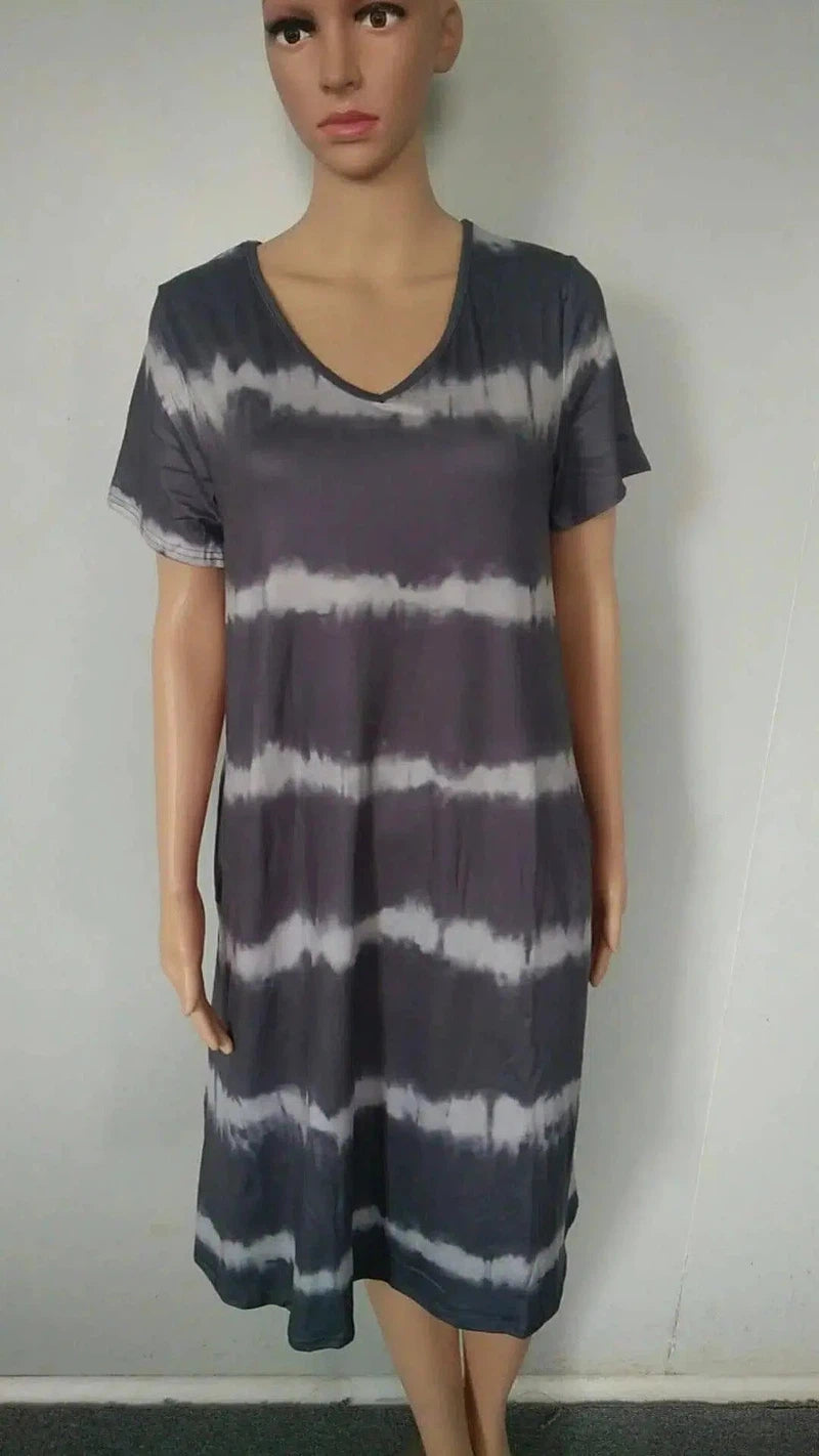 V Neck Tie Dye Print Short Sleeve Dress-Grey-5