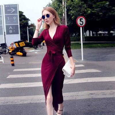 V-neck Tie Waist Slim Slimming Dress-1