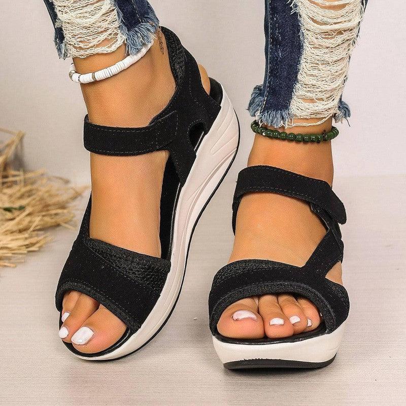 Velcro-design Sports Sandals Summer Color-blocked Wedges-Black-5