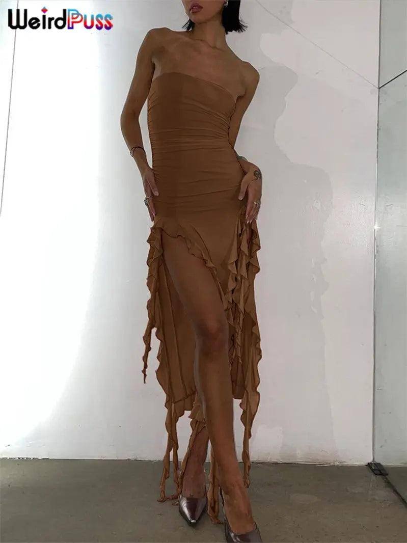 Weird Puss Elegant Strapless Dress Women Irregular Tassel-Brown-11