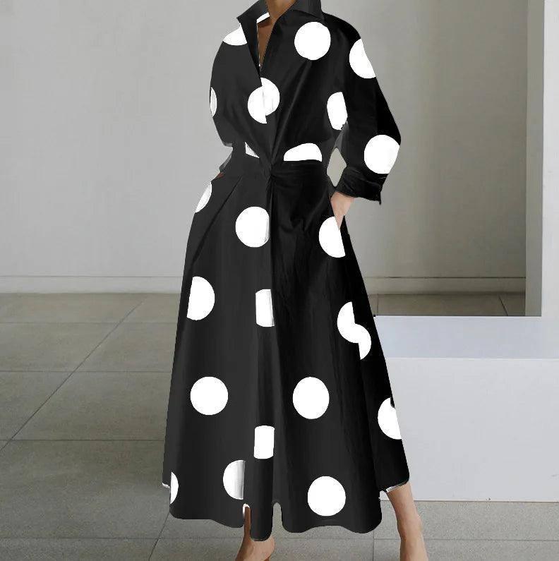 White Dot Print Maxi Dress - Elegant Long Sleeve Autumn-Dot-Black-8