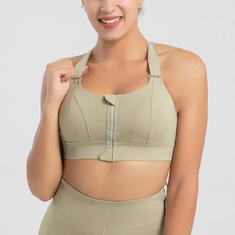 Wireless padded sports bra with high quality front zipper-Armygreen-3