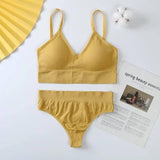 Women Bra Panties Set Push Up Sports Bra Set G-String-Yellow-9