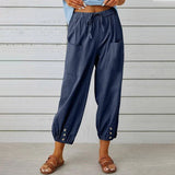 Women Drawstring Tie Pants Spring Summer Cotton And Linen Trousers With Pockets Button-Navy Blue-10