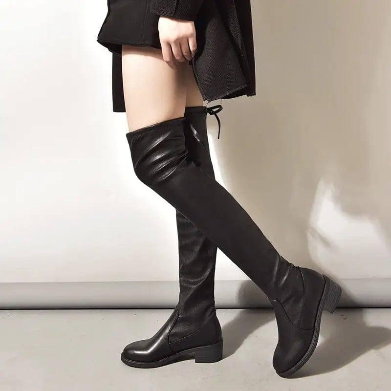 Women Fleece Flat Elastic Over Knee Slim Boots-5