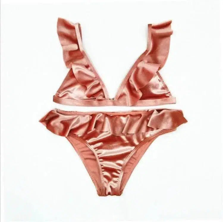 Women Ice Velvet Ruffle Bikini Sets Band-Pink-4