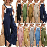 Women Long Bib Pants Overalls Casual Loose Rompers Jumpsuits With Pockets-1